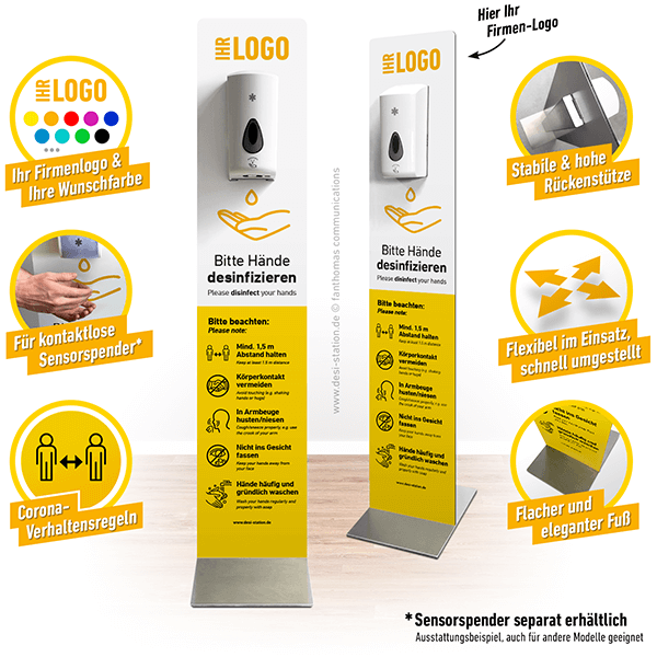 Desi-Station FLATLINE für Armhebel- oder Sensorspender, Farbstil gelb – Desinfektionsstation